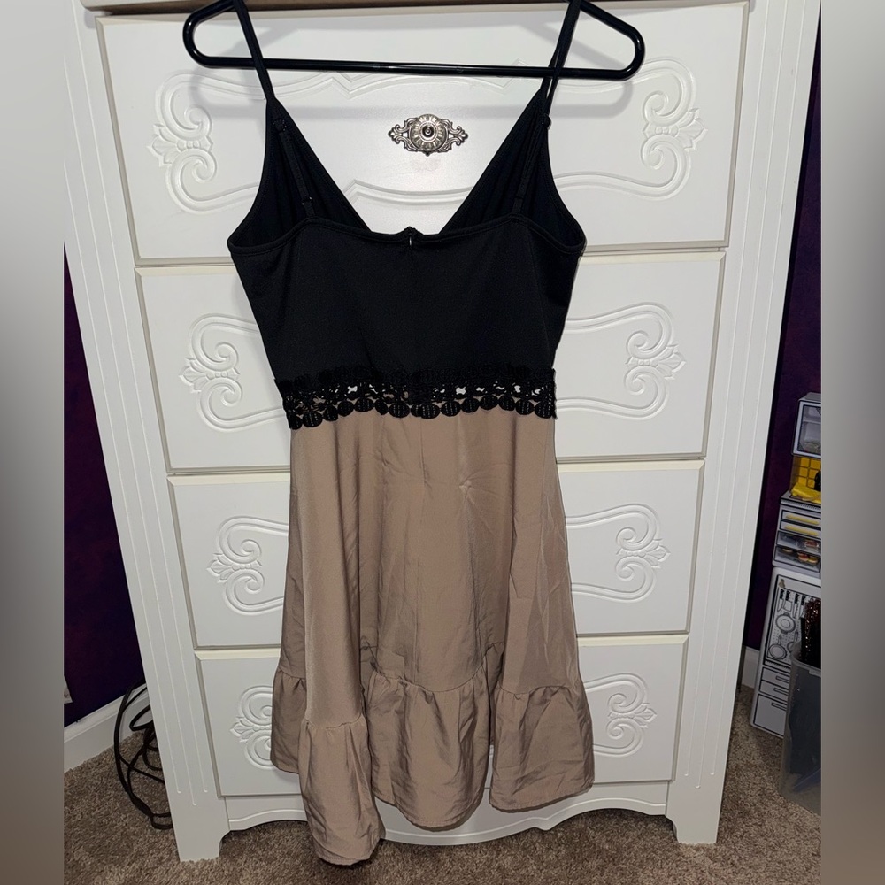 Black & Taupe Spaghetti Strap Dress with Lace Waist